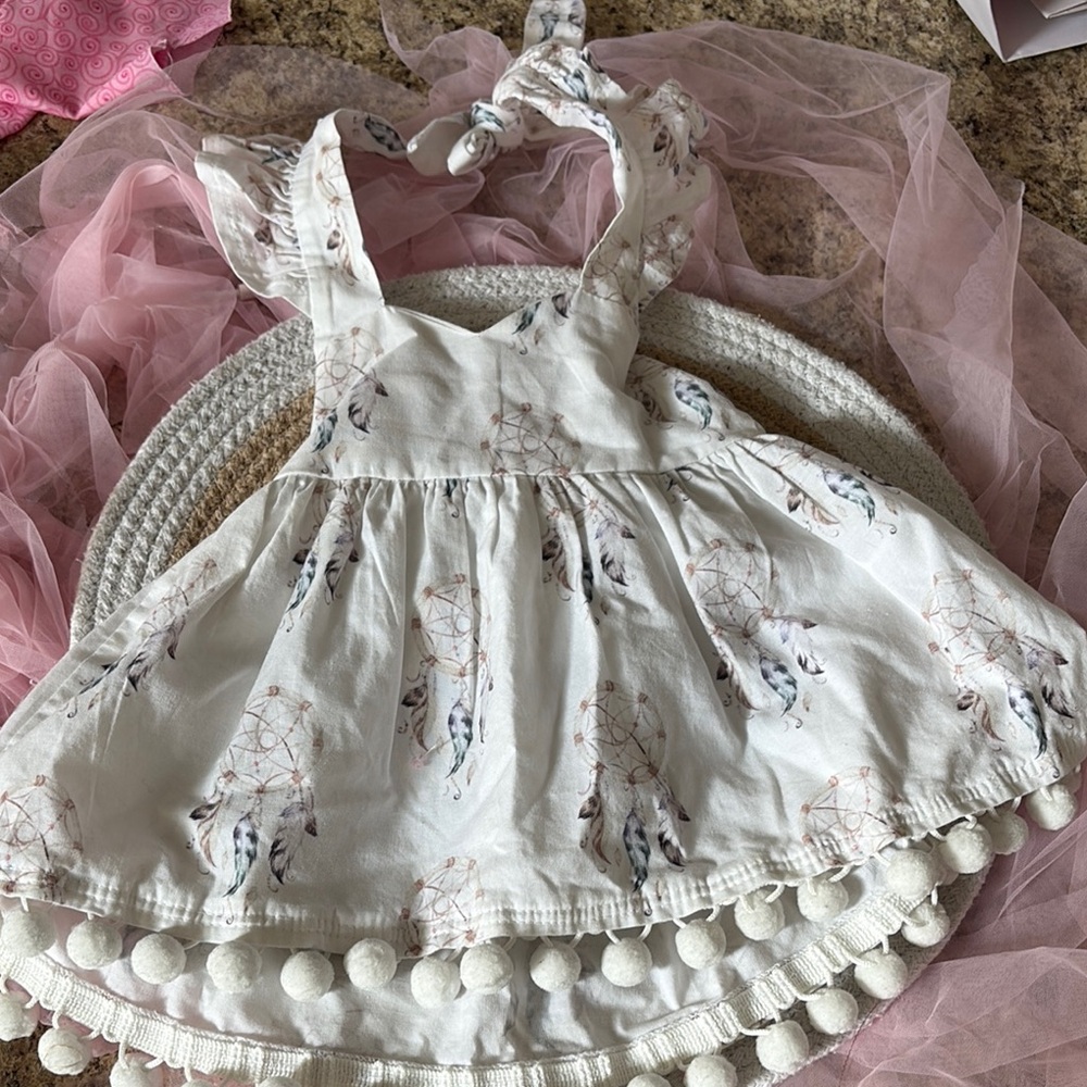 Charming White Baby Dress with Dreamcatcher Print